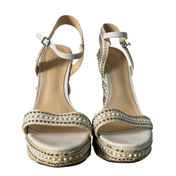 SCHUTZ Carminda Beige Espadrille Embellished Wedge Sandals Shoes Womens Size 10B - Picture 9 of 14